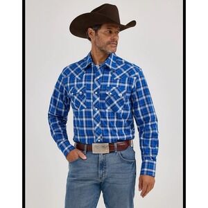 Wrangler Western Shirt Mens Long Sleeve Plaid Blue Cowboy‎ Rodeo